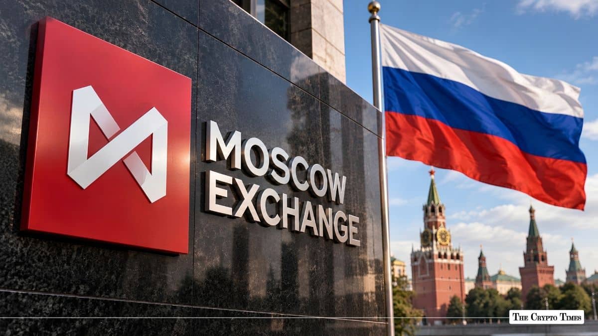 Moscow Exchange exterior sign with the Russian flag waving in front of the Kremlin towers.