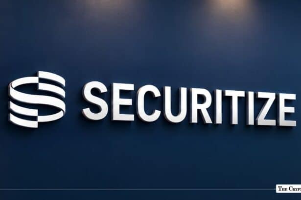 Securitize corporate logo mounted on a dark blue office wall.