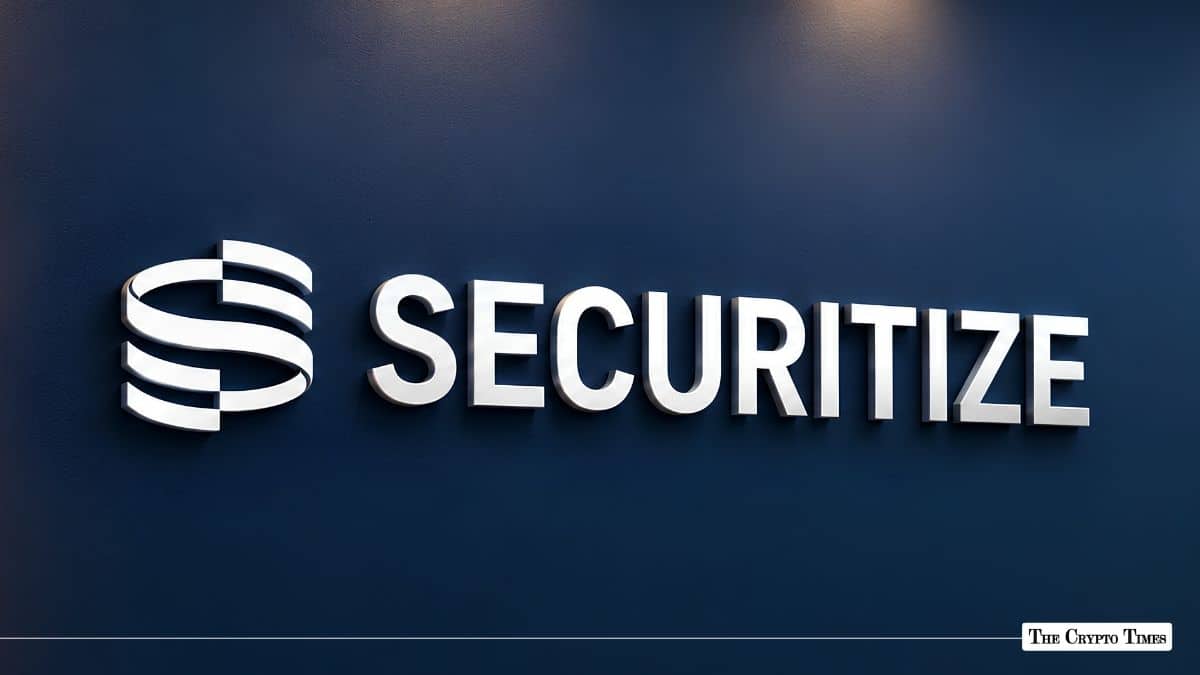 Securitize corporate logo mounted on a dark blue office wall.