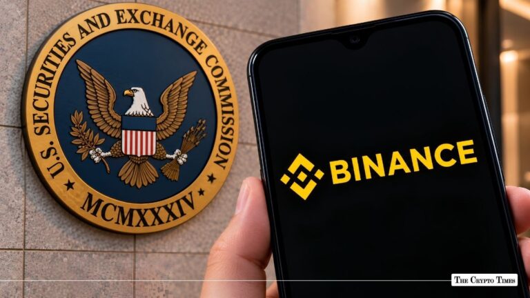 Binance logo on a smartphone screen held in front of the U.S. SEC seal.