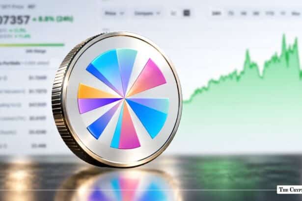 Sky crypto token standing upright in front of a rising market price chart.