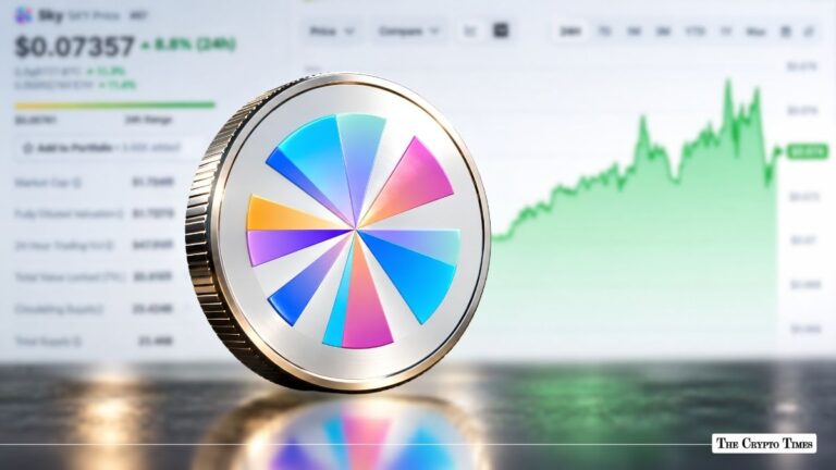 Sky crypto token standing upright in front of a rising market price chart.