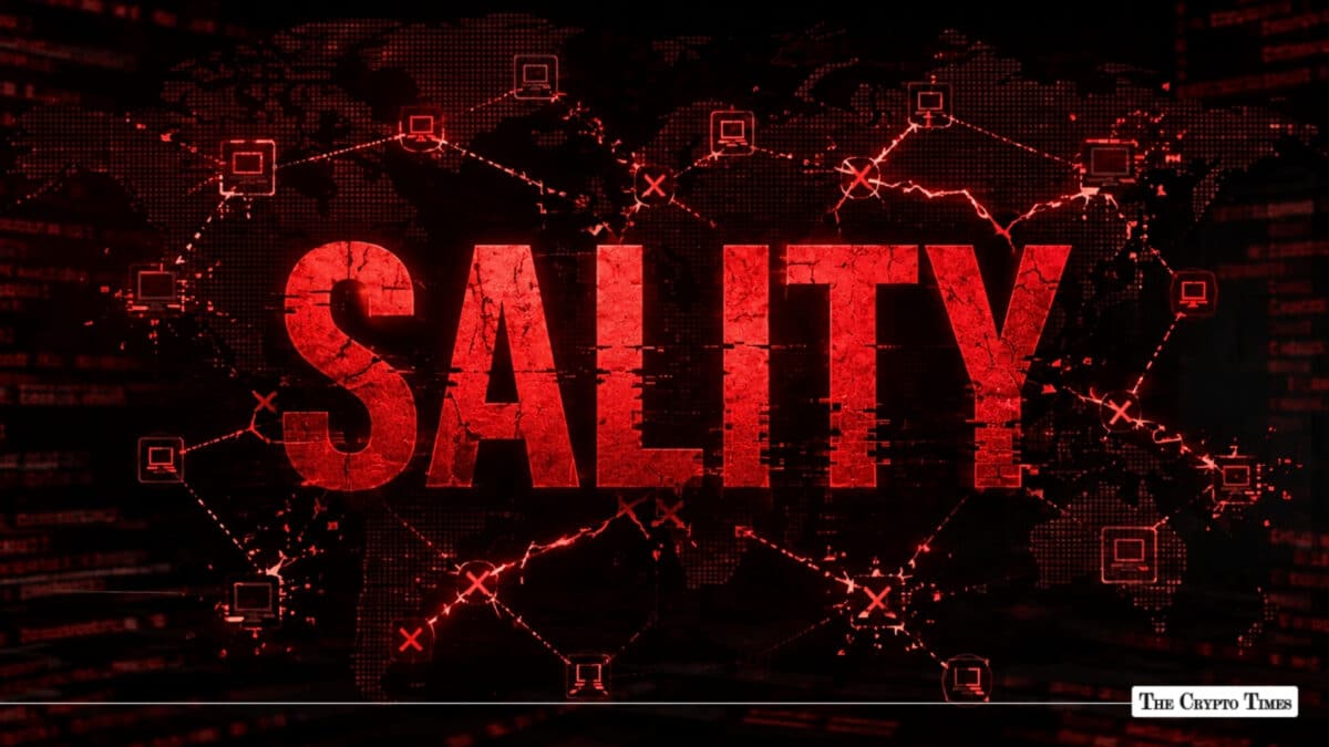 Red cracked text spelling Sality overlaid on a dark global map network grid