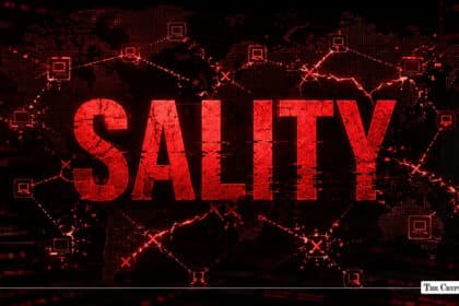Red cracked text spelling Sality overlaid on a dark global map network grid