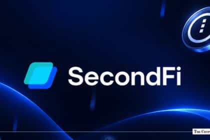 SecondFi DeFi platform logo with floating digital tokens against a glowing blue background