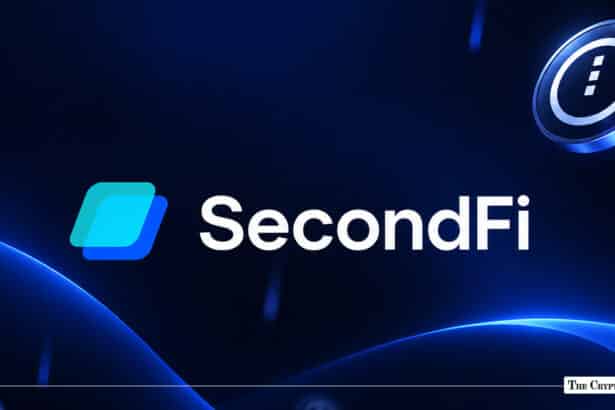 SecondFi DeFi platform logo with floating digital tokens against a glowing blue background