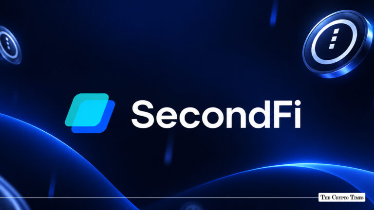 SecondFi DeFi platform logo with floating digital tokens against a glowing blue background