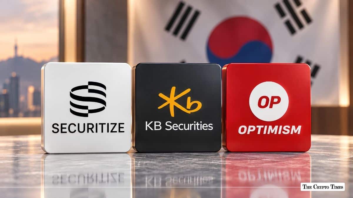 Securitize, KB Securities, and Optimism corporate blocks displayed in front of a South Korean flag.