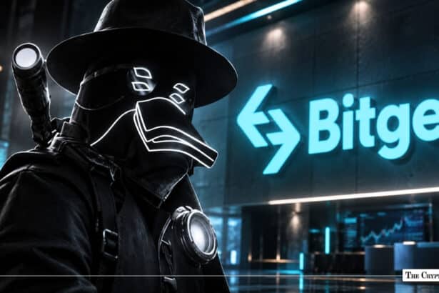 A masked figure representing ZachXBT standing in front of a glowing Bitget logo.