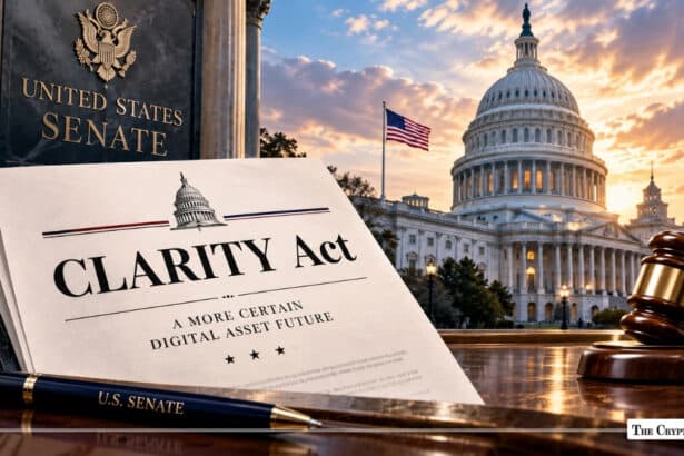A document titled CLARITY Act next to a pen and gavel, with the U.S. Capitol building in the background