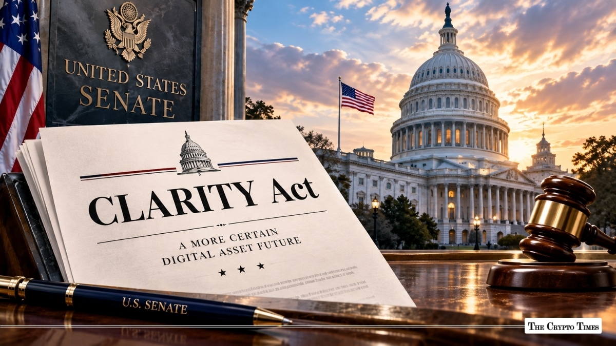 A document titled CLARITY Act next to a pen and gavel, with the U.S. Capitol building in the background