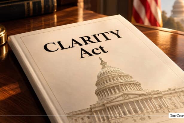 CLARITY Act document resting on a polished wooden desk.