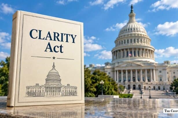 CLARITY Act book displayed in front of the U.S. Capitol building.