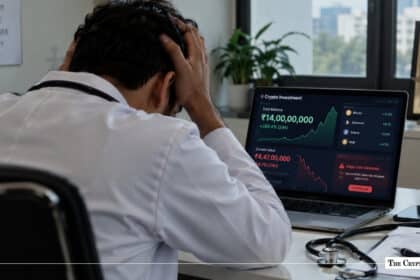 Stressed doctor holding head while looking at crypto portfolio losses on laptop screen
