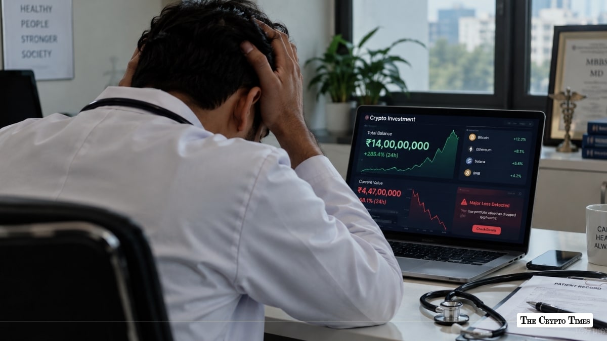 Stressed doctor holding head while looking at crypto portfolio losses on laptop screen