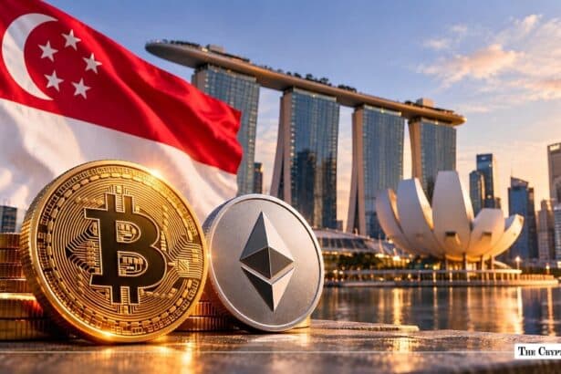 Physical Bitcoin and Ethereum coins with the Singapore flag and Marina Bay Sands skyline in the background.
