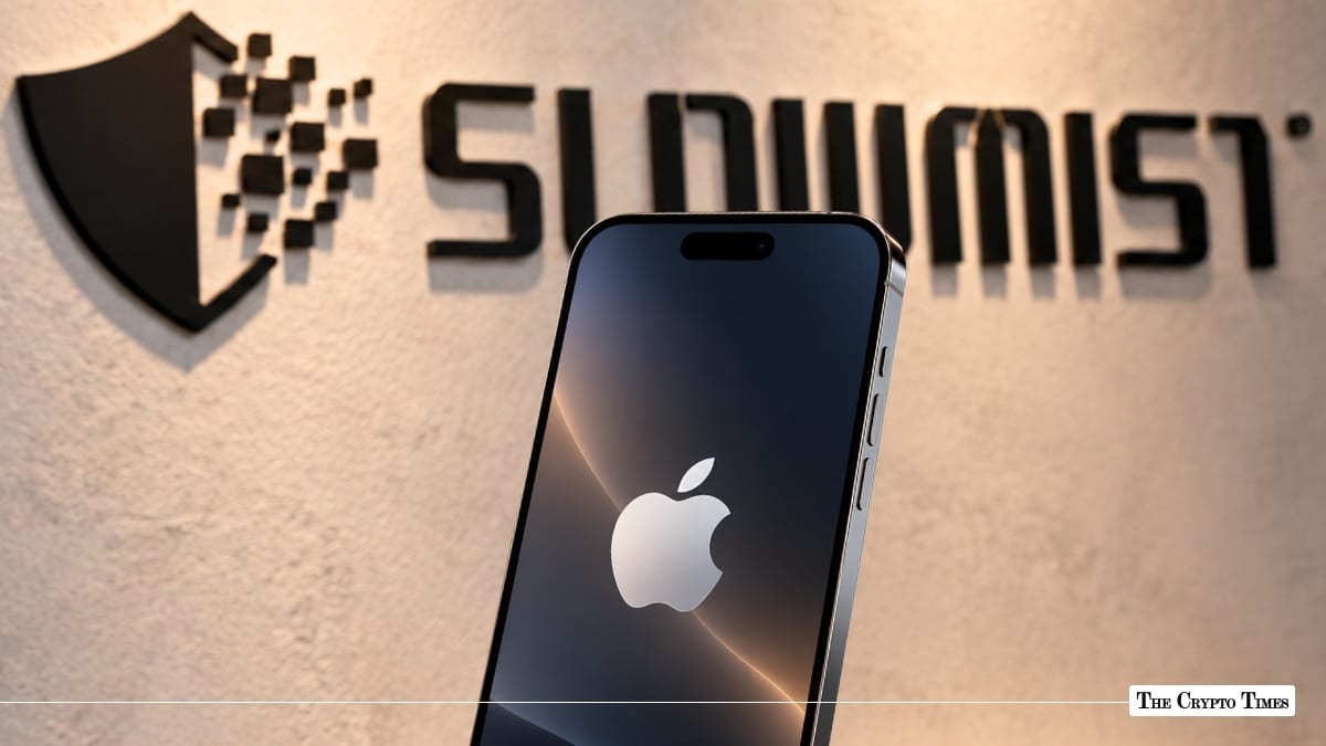 A smartphone displaying the Apple logo positioned in front of an illuminated SlowMist wall logo. JPG