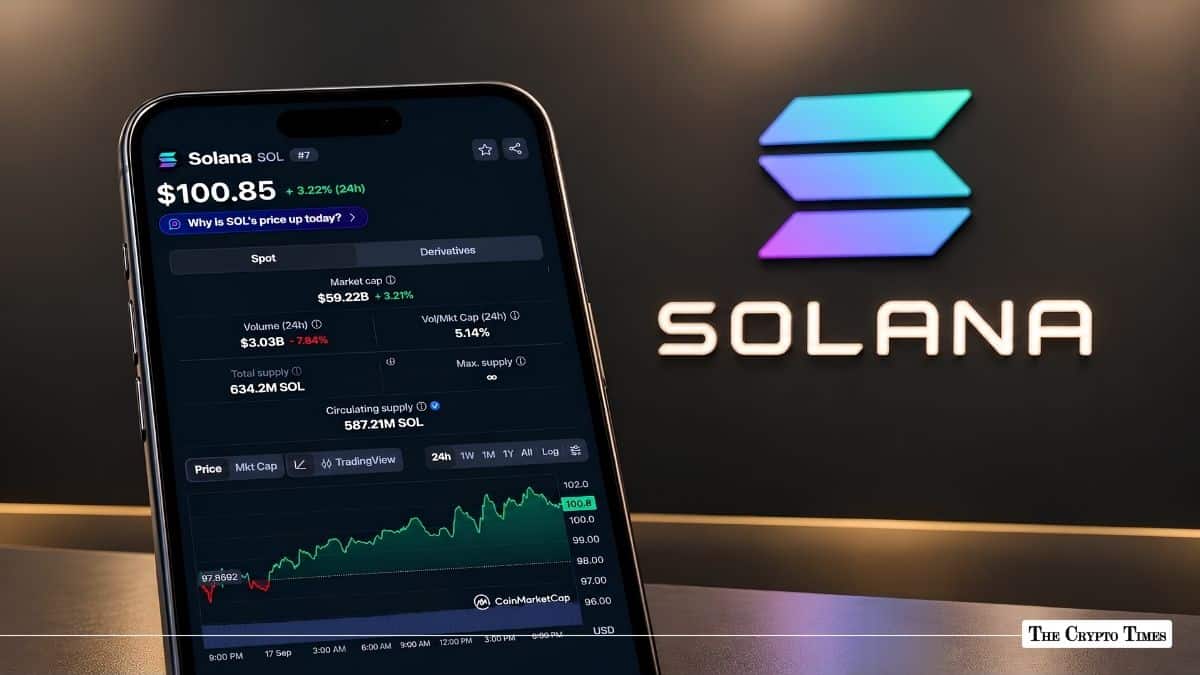 Smartphone displaying Solana price metrics in front of a backlit Solana logo display.