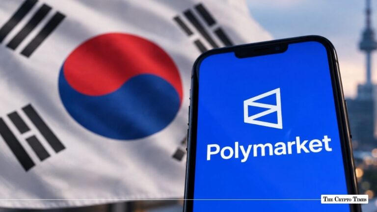 A smartphone displaying the Polymarket logo in front of the South Korean flag.