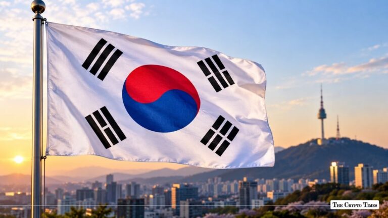 South Korean flag waving against the Seoul skyline with N Seoul Tower in the background.