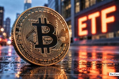 A physical Bitcoin coin standing upright on a wet street with a illuminated "ETF" sign in the background.