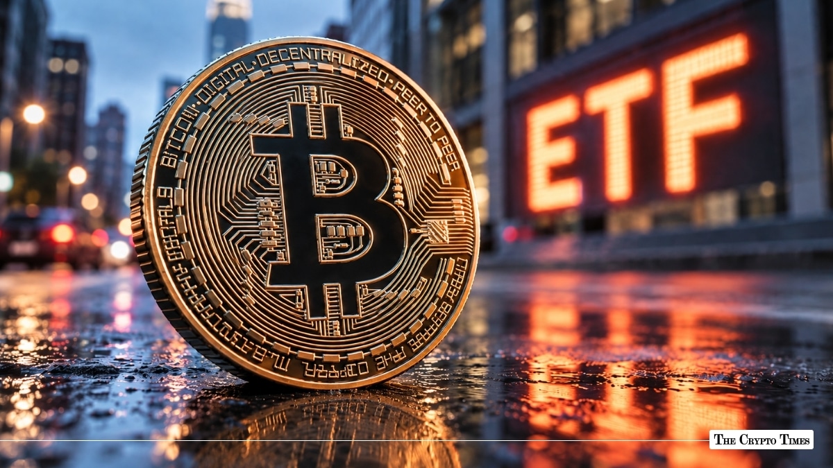 A physical Bitcoin coin standing upright on a wet street with a illuminated "ETF" sign in the background.