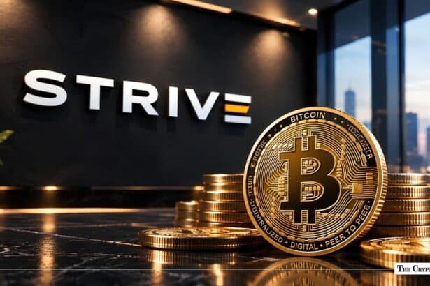 Gold Bitcoin coin stacked in front of a modern Strive wall sign.