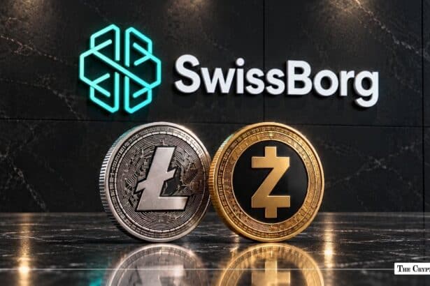 Litecoin and Zcash coins standing in front of a SwissBorg sign.