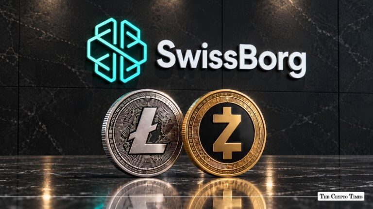 Litecoin and Zcash coins standing in front of a SwissBorg sign.