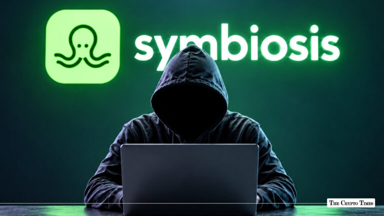 Hooded figure in dark clothing sitting behind a laptop screen with the green octopus logo and text for "Symbiosis" illuminated in the background