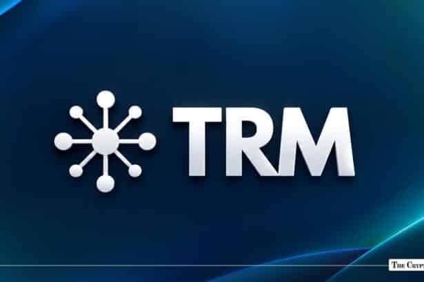 TRM Labs logo displayed on a dark blue gradient background.