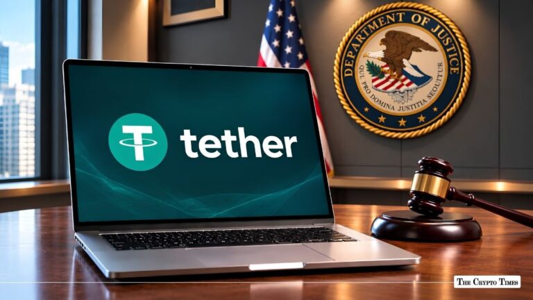Laptop displaying the Tether logo next to a gavel, with the U.S. Department of Justice seal in the background.