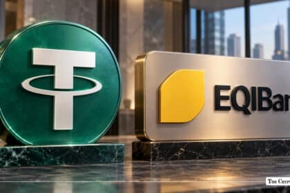 A green Tether token emblem alongside a metallic sign for EQIBank, set against a blurred city backdrop.