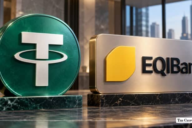 A green Tether token emblem alongside a metallic sign for EQIBank, set against a blurred city backdrop.