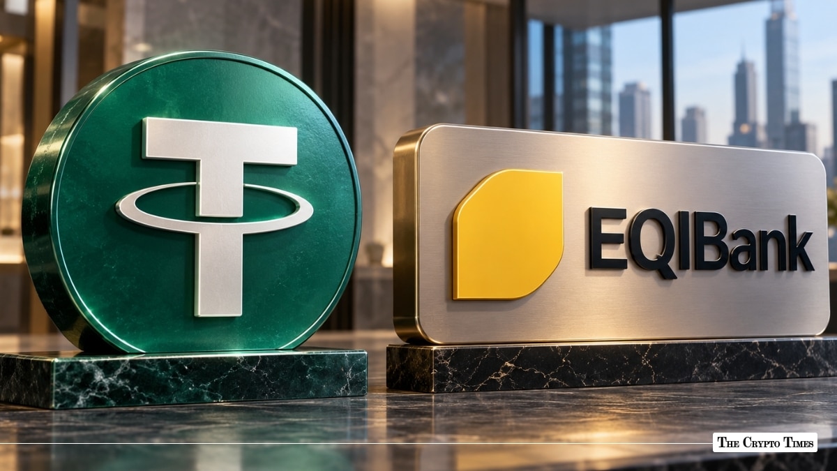A green Tether token emblem alongside a metallic sign for EQIBank, set against a blurred city backdrop.
