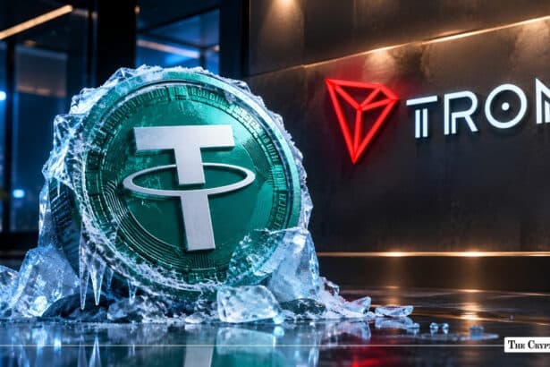 Encased in ice, a green Tether USDT coin sits in front of an illuminated red TRON logo.