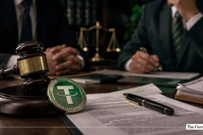 Gavel resting next to a physical green Tether (USDT) coin and legal documents on a wooden desk with attorneys seated in the background