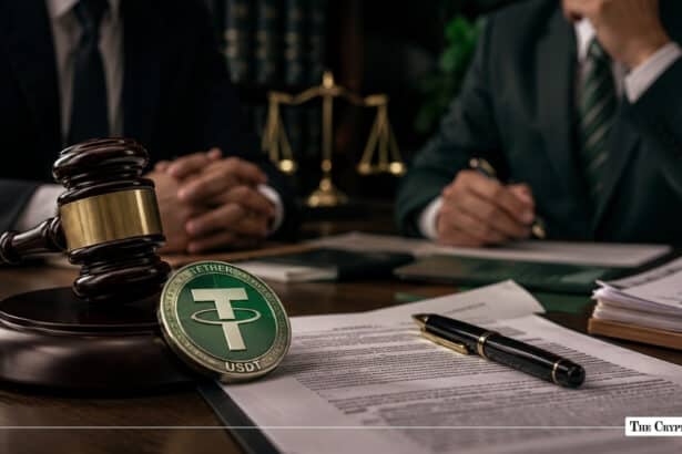 Gavel resting next to a physical green Tether (USDT) coin and legal documents on a wooden desk with attorneys seated in the background