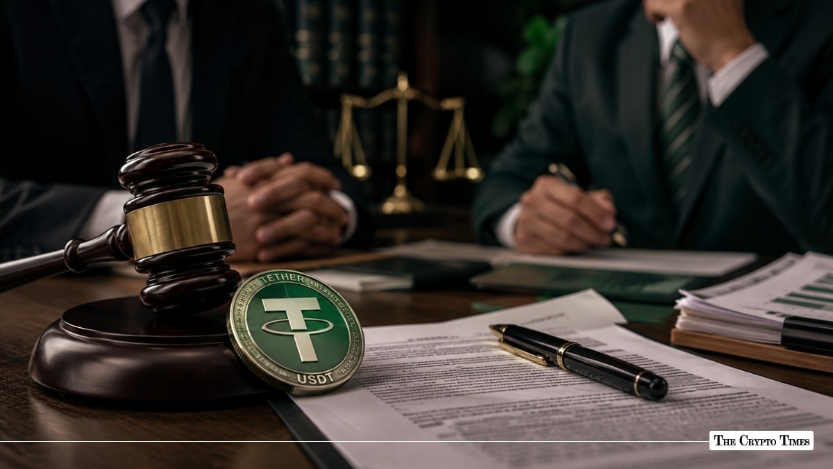 Gavel resting next to a physical green Tether (USDT) coin and legal documents on a wooden desk with attorneys seated in the background