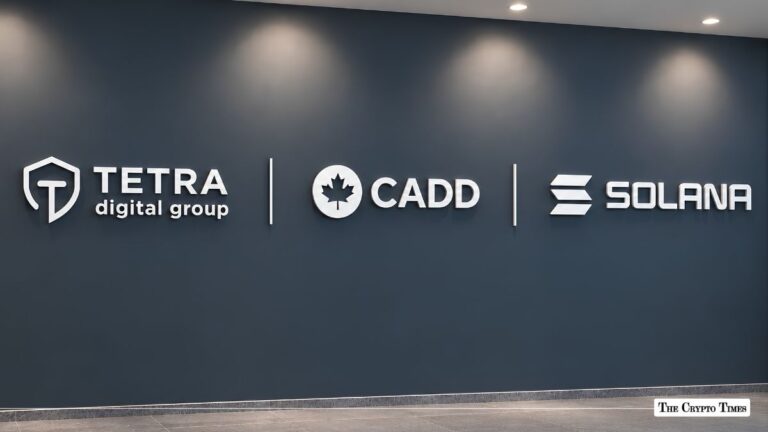 Tetra Digital Group, CADD, and Solana logos displayed on a dark office wall.