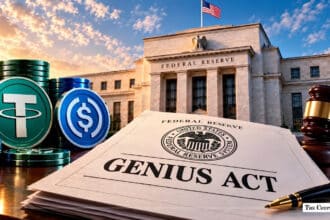 Document labeled "GENIUS ACT" set against Tether, USD Coin tokens, and the Federal Reserve building.