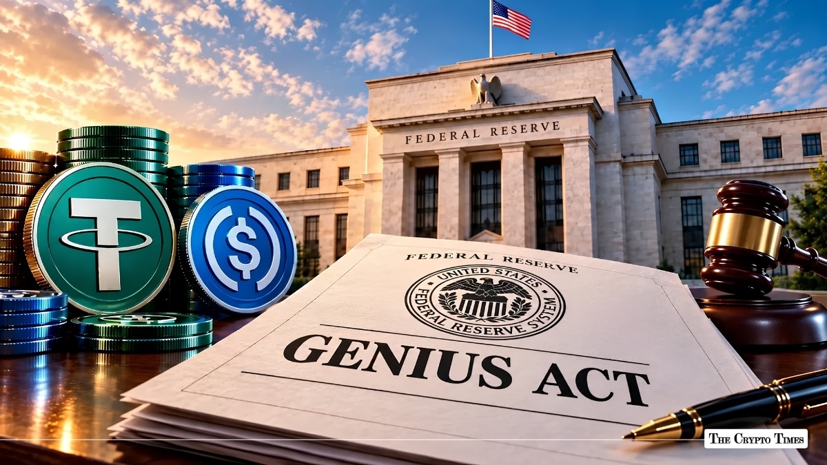 Document labeled "GENIUS ACT" set against Tether, USD Coin tokens, and the Federal Reserve building.
