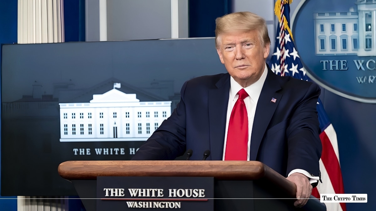 Donald Trump speaking at a podium in the White House press briefing room