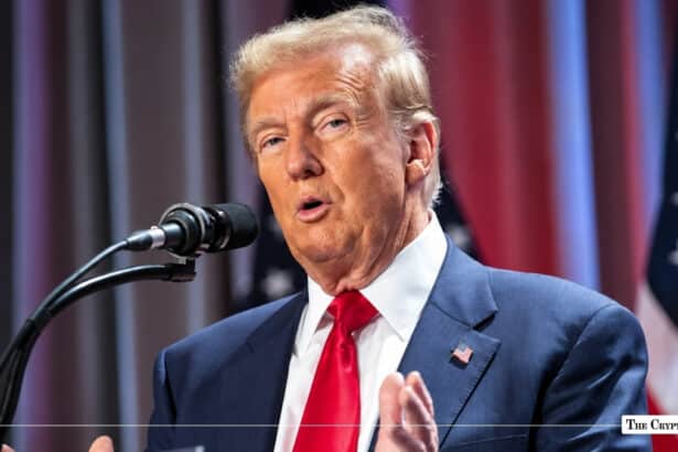 Donald Trump speaking at a microphone with American flags in the background