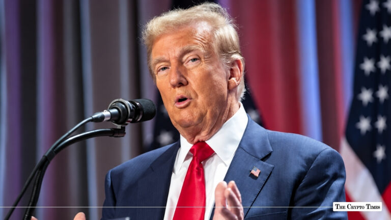 Donald Trump speaking at a microphone with American flags in the background