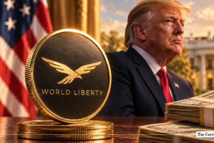 A gold World Liberty coin displayed alongside stacks of cash, with Donald Trump, the U.S. flag, and the White House in the background.