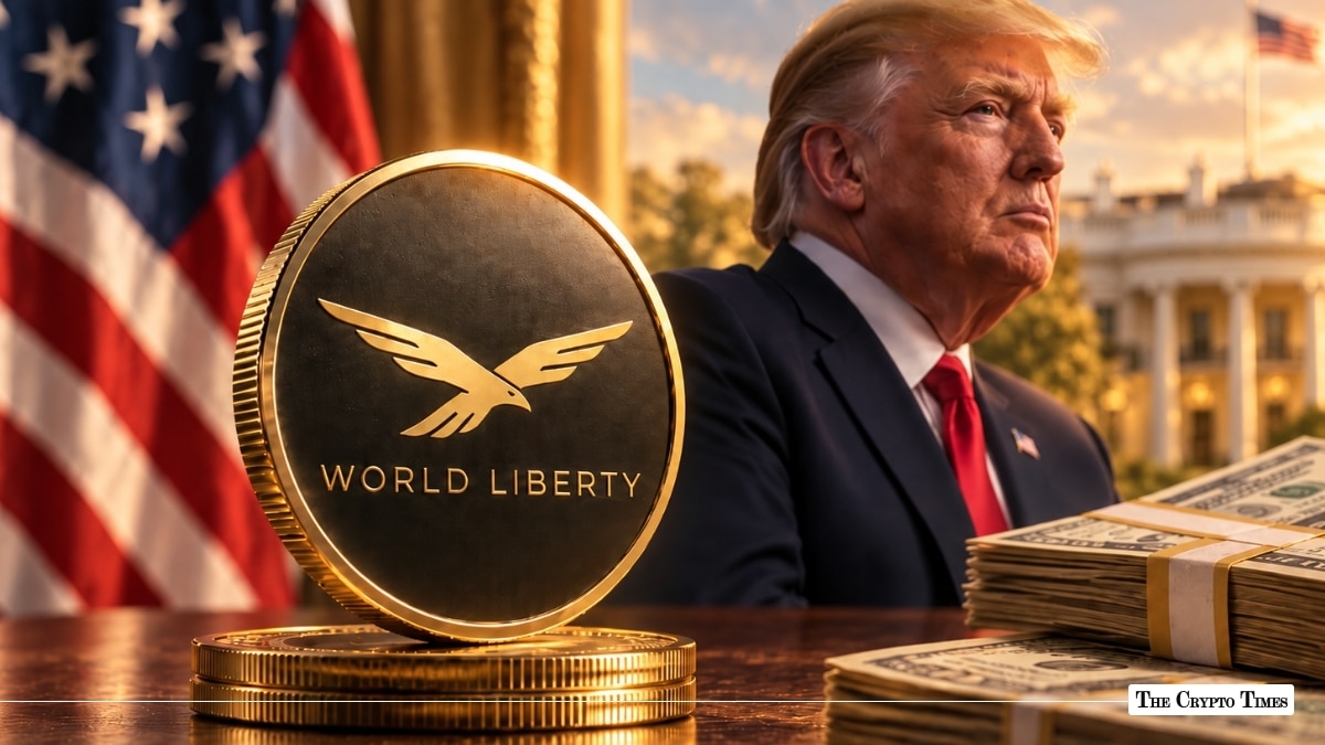 A gold World Liberty coin displayed alongside stacks of cash, with Donald Trump, the U.S. flag, and the White House in the background.