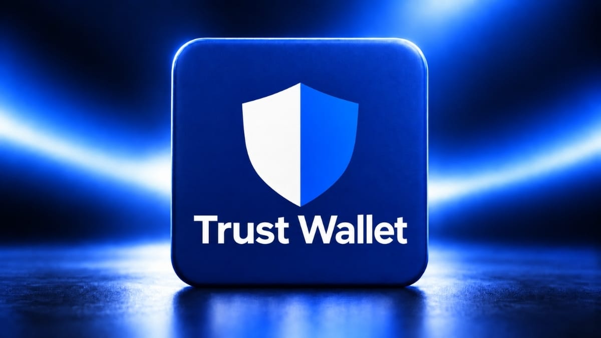 Trust Wallet logo featuring a blue and white shield emblem on a blue pedestal