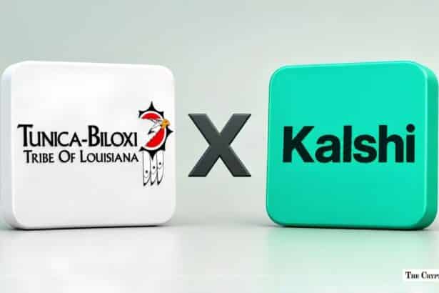 Tunica-Biloxi Tribe of Louisiana logo paired with Kalshi logo via a partnership X icon.