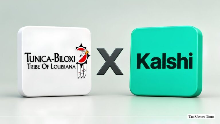 Tunica-Biloxi Tribe of Louisiana logo paired with Kalshi logo via a partnership X icon.